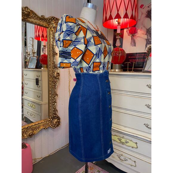 vintage block print cotton blouse huge puff sleeves African geometric top med 34 - Picture 5 of 8